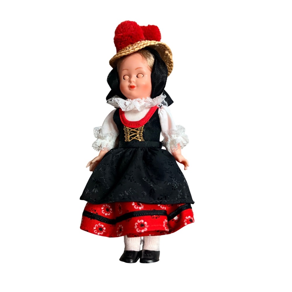 Vintage German Souvenir Doll Black Forest Bollenhut Costume Sleep Eyes 8 Inch